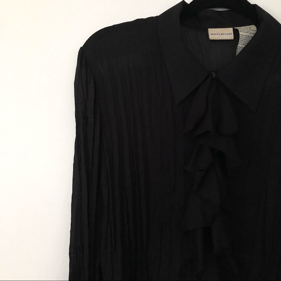 Black Ruffle Detail Sheer Pleated Button Up Top - Picture 2 of 7